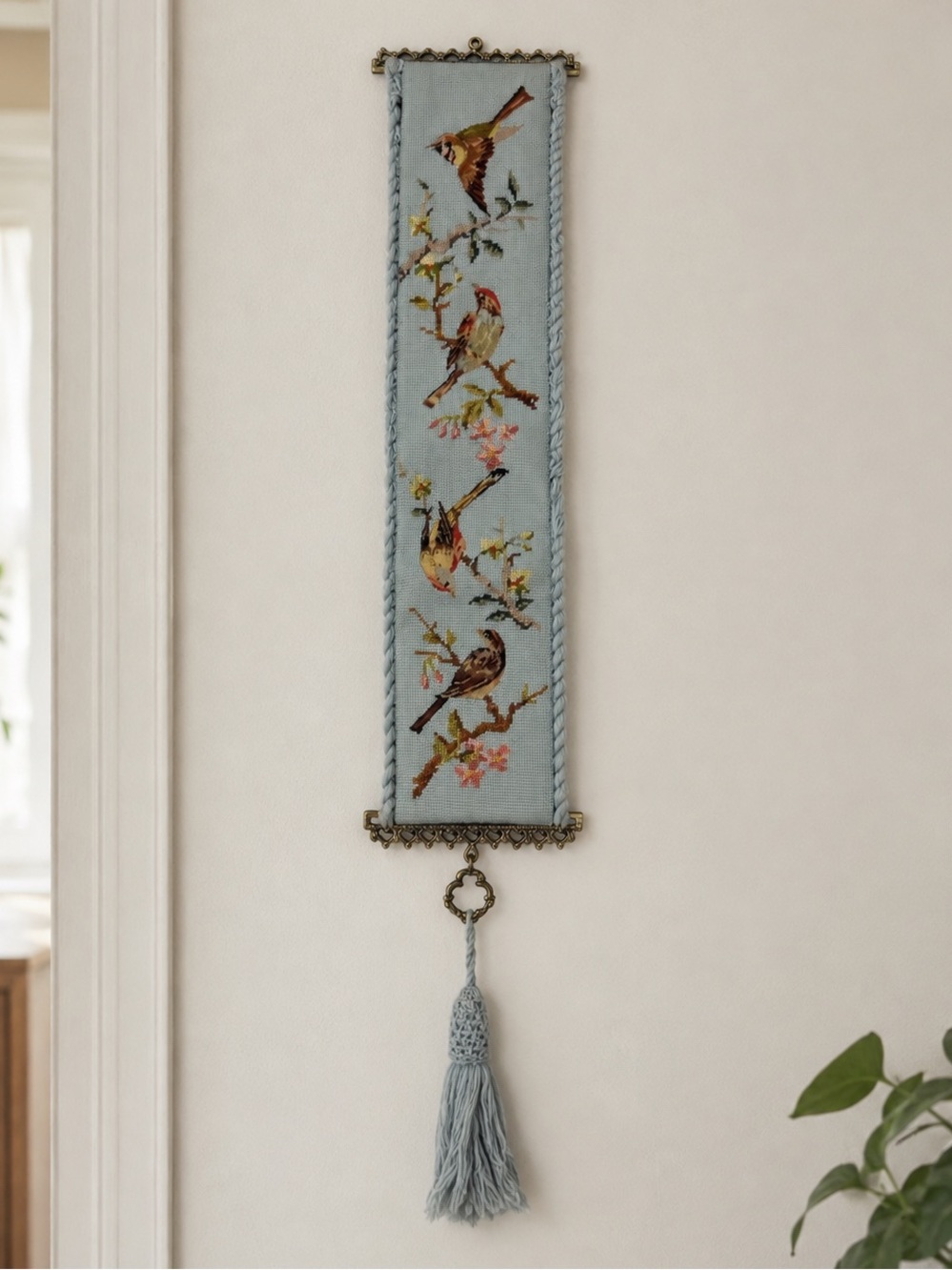 Vintage Needlepoint Bird Wall Hanging Blue Floral Bell Pull Brass Tone Tassel